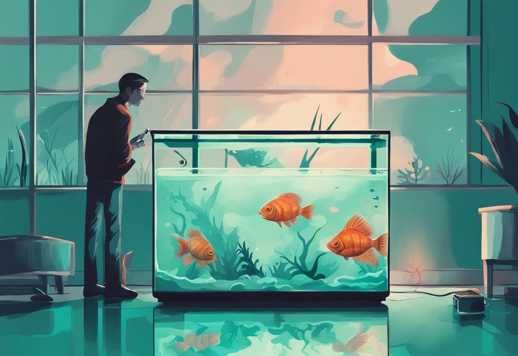 Modern digital painting of a teal-themed cloudy fish tank with fish and a concerned aquarium owner analyzing it.