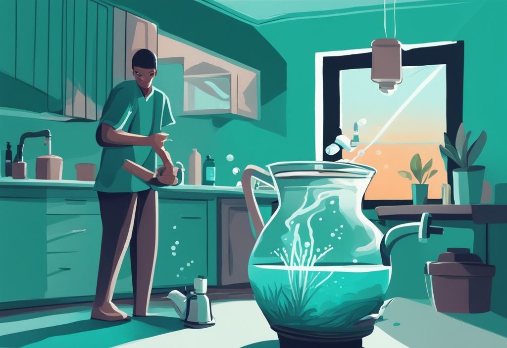 A digital painting illustration showing how to change water in fish tank, featuring a person using a siphon and pitcher to refresh a home aquarium with teal as the main color theme.