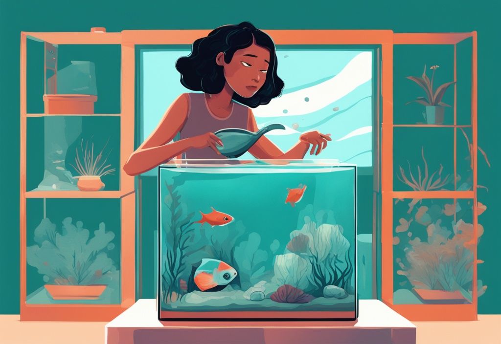 Modern digital painting of a person holding a clear water-filled bag with a small fish, exploring how long do fish stay in a bag before putting them in a tank, with a home fish tank in the background, featuring a teal color theme.