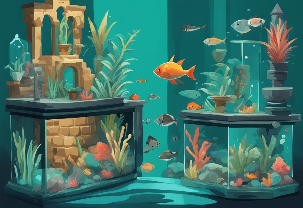 Modern digital painting of 25 unique fish tank decorations in teal theme, featuring miniature castles, diver figurines, exotic plants, and multi-level caves.