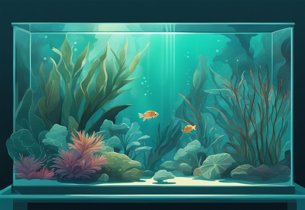 Modern digital painting of vibrant aquatic plants in a fish tank, showcasing the best plants for fish tanks in a lush underwater landscape with a teal color theme.