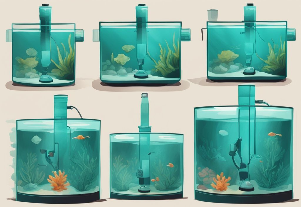 Modern digital painting illustration depicting steps and items for how to lower GH in aquarium, featuring teal color theme, distilled water, water conditioner, and test kits.