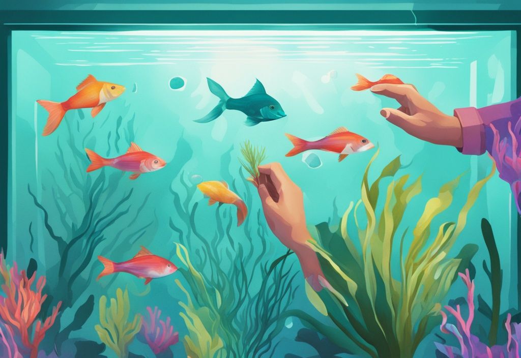 Illustration of how to plant aquarium plants, featuring hands placing an aquatic plant into a vibrant teal-themed aquarium with colorful fish.