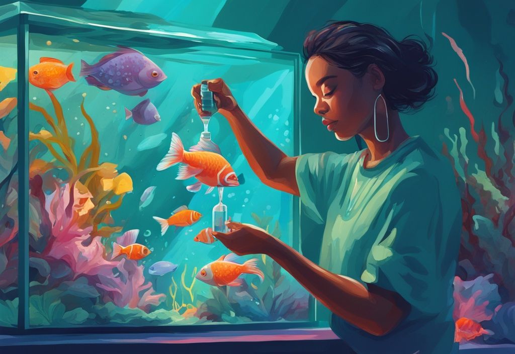 Digital painting of person pouring KH buffer solution into a teal-themed aquarium with exotic fish.