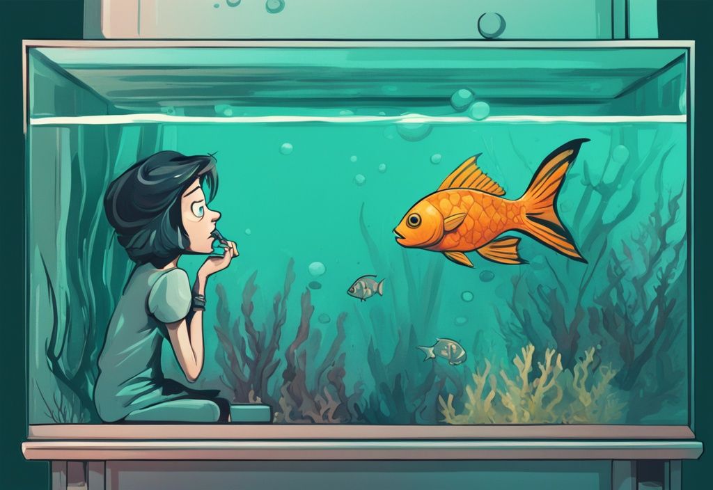 Modern digital painting of a perplexed fish owner sniffing the air around a murky, foul-smelling fish tank, illustrating the question: why does my fish tank smell? Teal color theme.