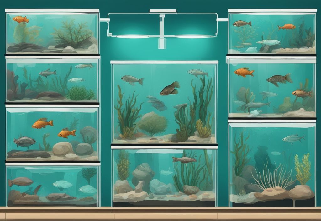 Digital painting of aquarium with teal theme featuring tank cleaning fish: Plecos, Cory Catfish, Snails, each labeled with species names.