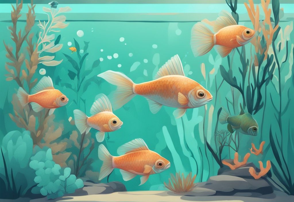 Modern digital painting of beginner-friendly freshwater fish in a small, well-decorated tank, featuring the best fish for beginners for a small tank in a teal color theme.