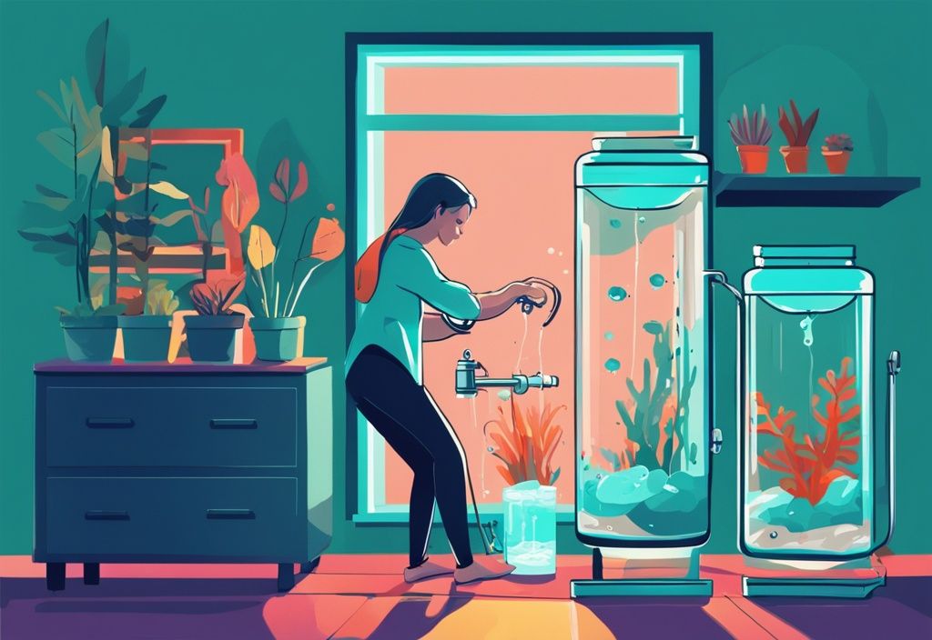 Digital painting of a person adding water softener to a teal-themed home aquarium.