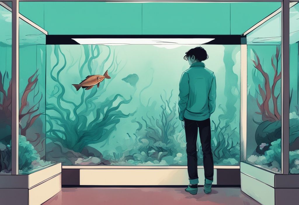 Modern digital painting illustration of a person with a confused expression observing a cloudy fish tank, exploring the question: why is my fish tank cloudy after 1 day, with a teal color theme.