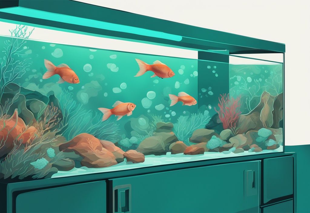 Modern digital painting of a fish tank cross-section with beneficial bacteria for fish tank, healthy fish, and balanced ecology in teal color theme.