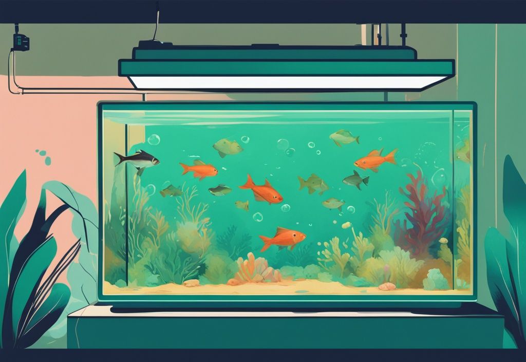 Modern digital painting of a teal-themed fish tank with vibrant fishes examining a test strip, addressing the question "why is my fish tank green.