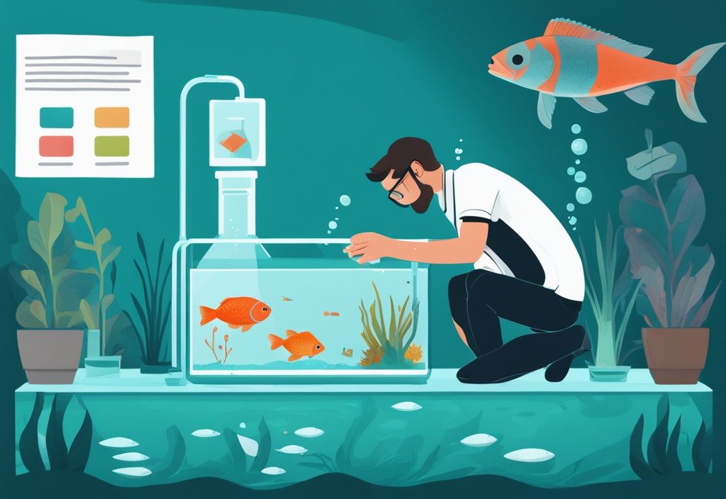 Modern digital painting of an aquarist maintaining a fish tank with infographic elements on how to lower nitrates in fish tank, featuring teal color theme, clear water, and a water testing kit.