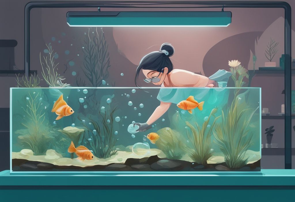 Modern digital painting of an individual using a tool to remove bubbles from the top of a fish tank with aquatic plants and fish, illustrating how to get rid of bubbles on top of fish tank.