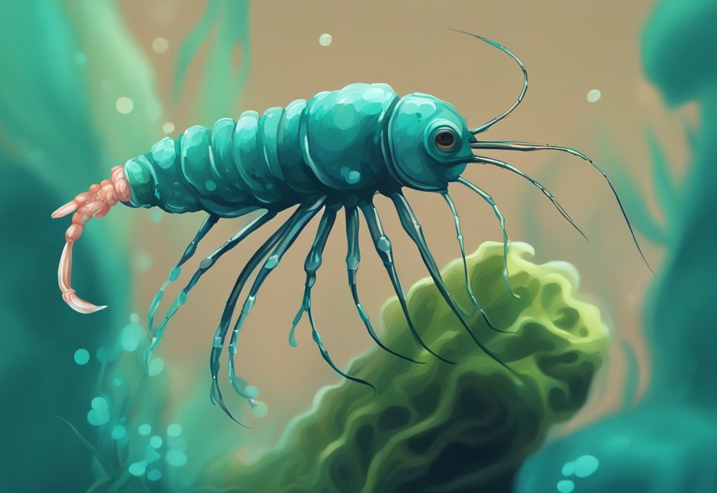 Teal-themed digital painting of Scutariella Japonica parasite on shrimp in freshwater aquarium close-up.