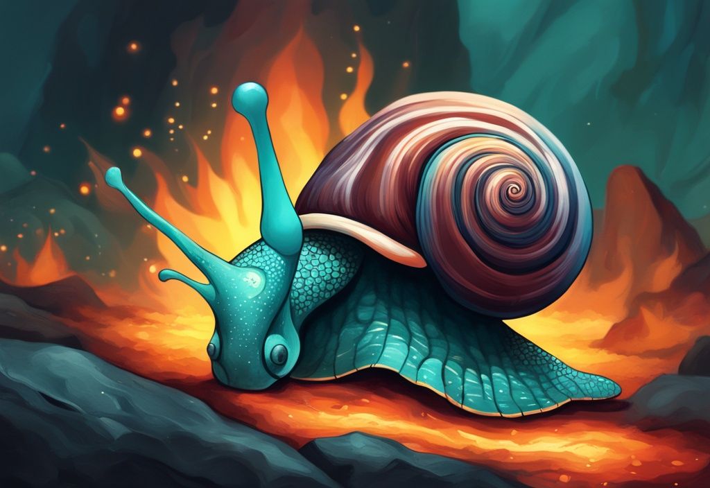 Digital painting of a vibrant snail with flame-like shell on dark rocky terrain, teal color theme.