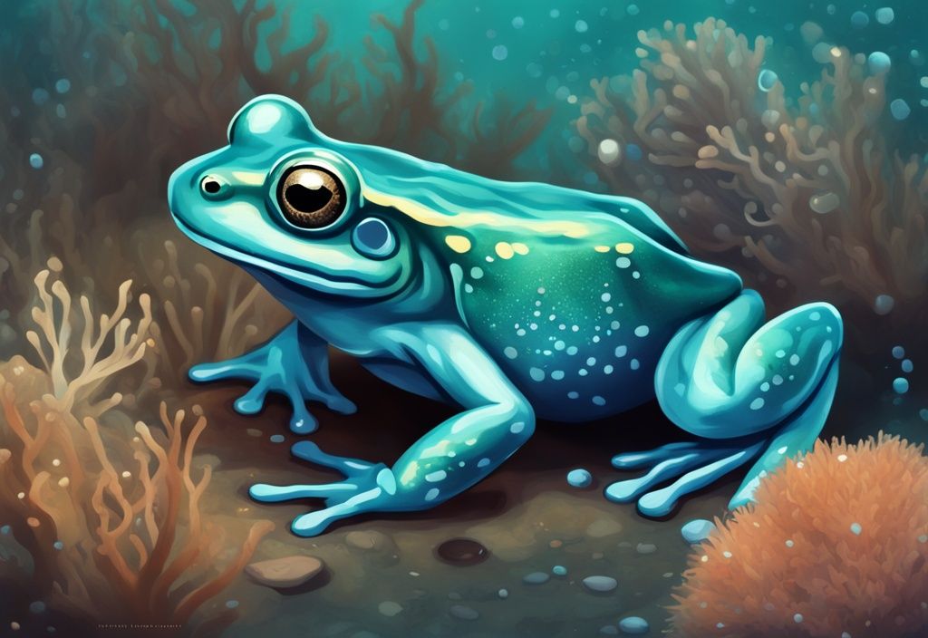 Modern digital painting of African Dwarf Frog underwater, teal theme, eating invertebrates and fish flakes.