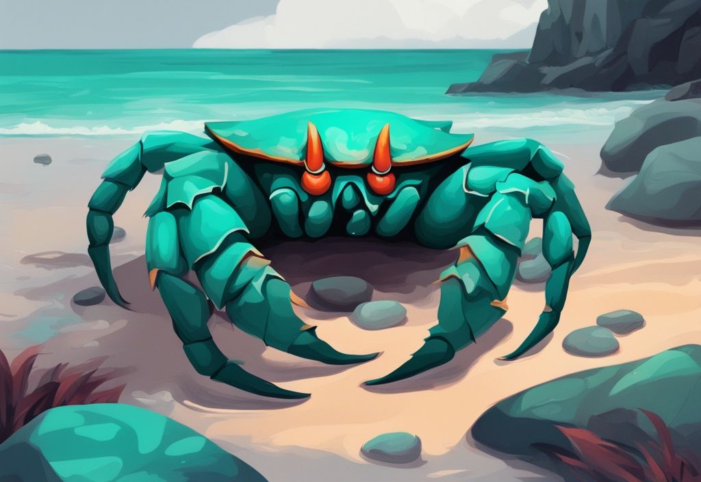 Modern digital painting of a Thai Devil Crab on rocks with a tropical background, featuring a teal color theme.