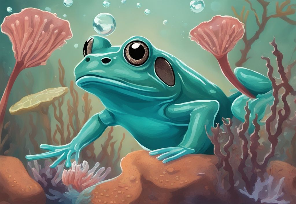 Modern digital painting of an African Dwarf Frog underwater eating brine shrimp, daphnia, and bloodworms, highlighting what do African Dwarf Frogs eat with a teal color theme.