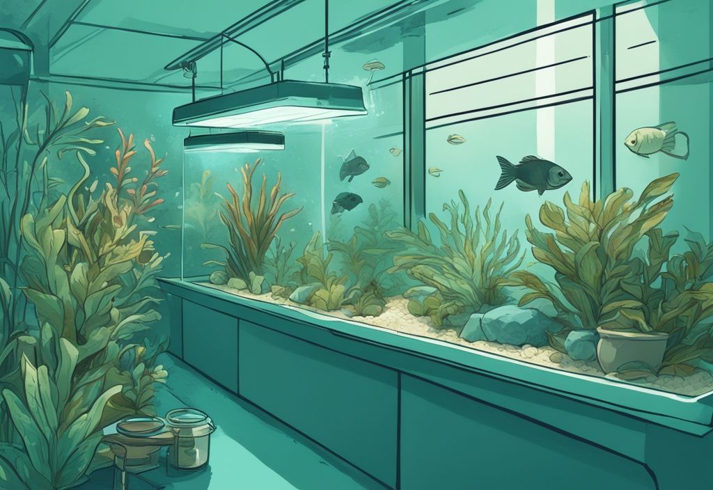 Modern digital painting of a low maintenance aquarium with teal theme, featuring hardy plants, easy-to-care-for fish, automatic feeder, and filtration system.