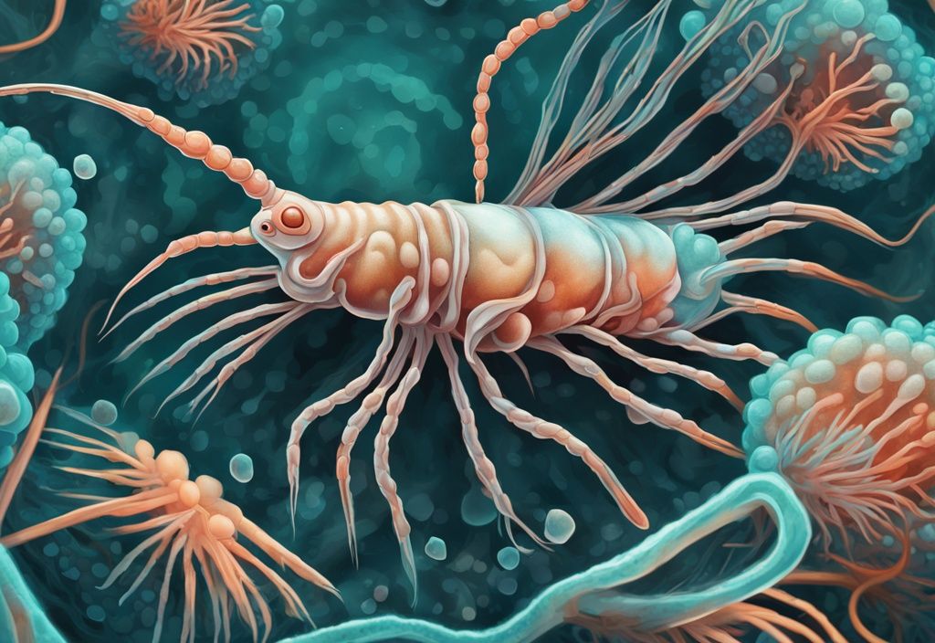 Close-up digital painting of a Vorticella Shrimp in teal, surrounded by vibrant microscopic aquatic organisms.