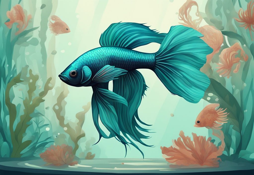 Digital painting of a teal-themed aquarium with a betta fish and other peaceful species.