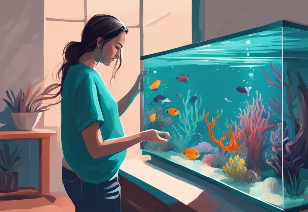 Saltwater Aquarium Tips for Beginners: A modern digital painting depicting a hobbyist adding saltwater to a vibrant teal-themed aquarium with colorful marine life.