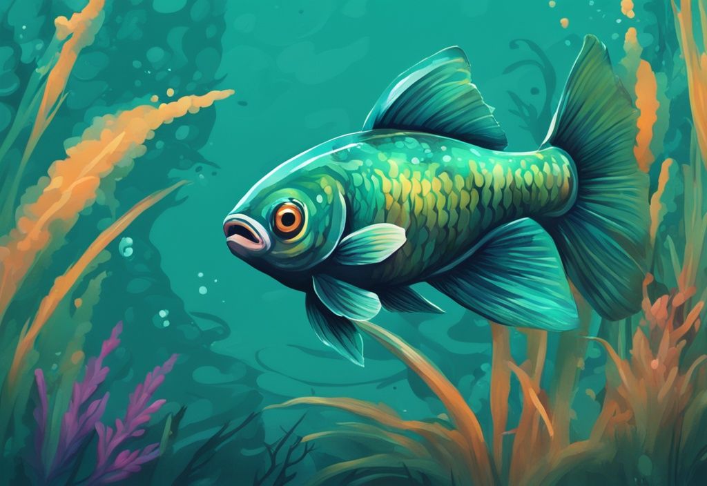 Modern digital painting of guppy fish swimming in lush guppy grass underwater, featuring a vibrant teal color theme.