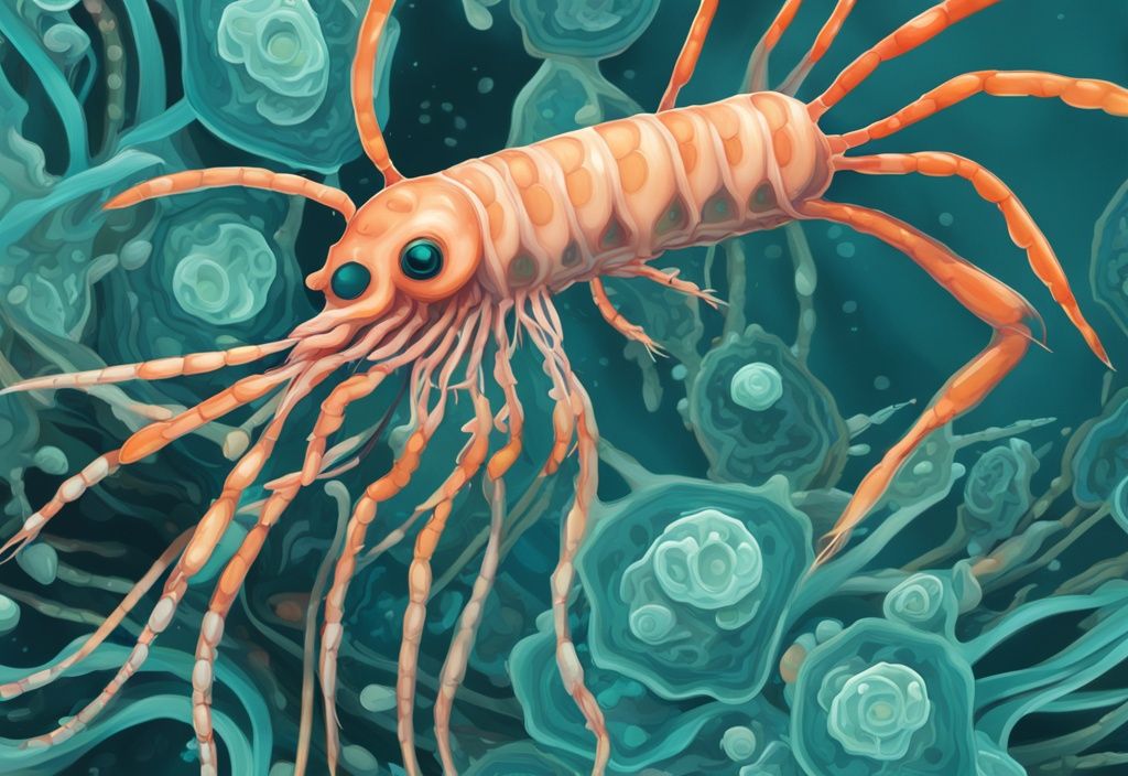 Close-up digital painting of a Vorticella Shrimp in teal hues, surrounded by vibrant microscopic aquatic organisms, highlighting its unique structure.