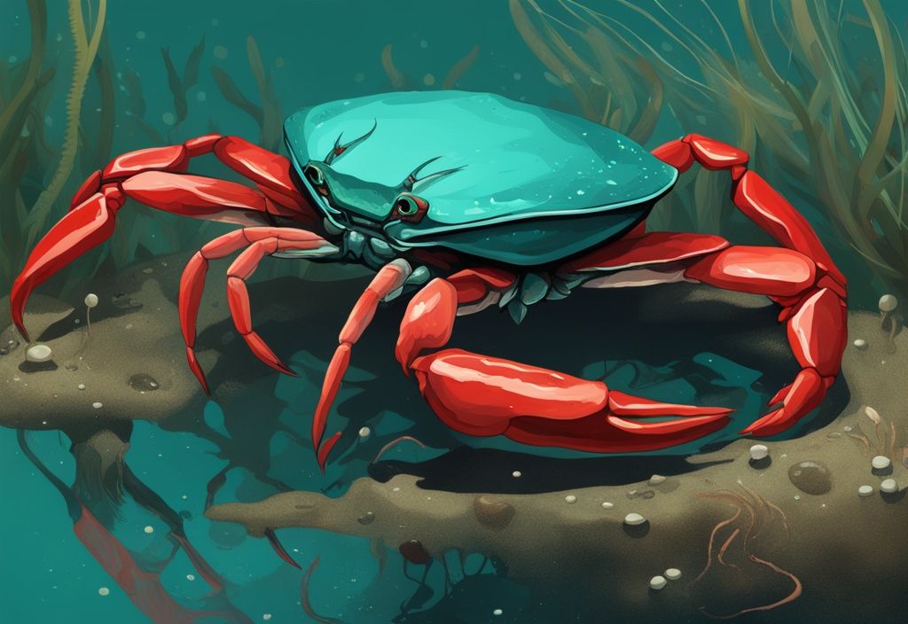 Modern digital painting of a Red Claw Crab in natural habitat, eating algae, detritus, and invertebrates, with a teal color theme.