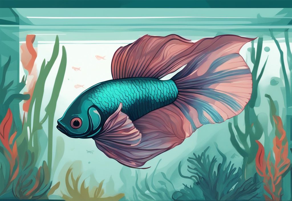 Modern digital painting of a betta fish in a teal-themed aquarium, illustrating can betta fish live with other fish peacefully alongside non-aggressive species.