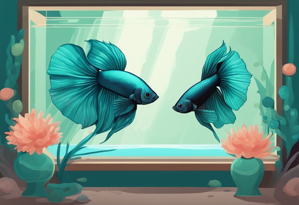 Modern digital painting of a teal-themed aquarium featuring a betta fish co-existing peacefully with other non-aggressive fish species, illustrating the question: can betta fish live with other fish.