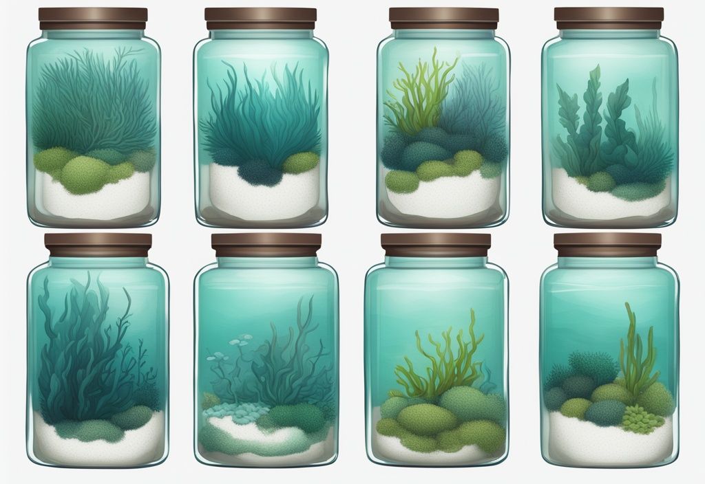 Modern digital painting of aquarium moss in glass containers on white background, teal color theme.