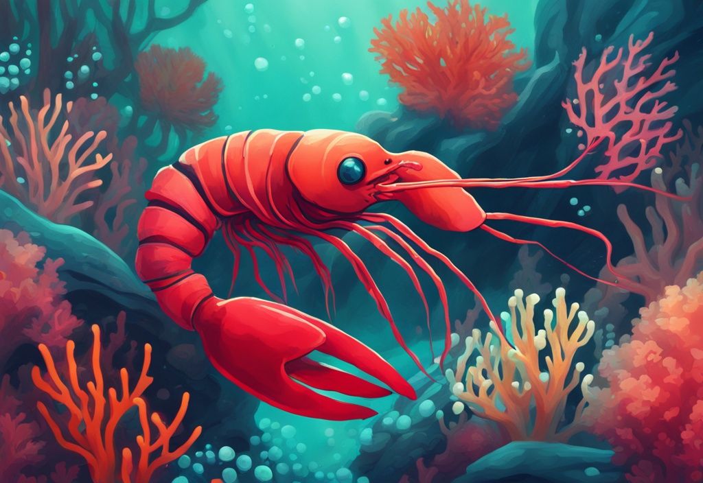 Modern digital painting of a vibrant red shrimp with glowing nose swimming among colorful coral reefs, main color theme teal.