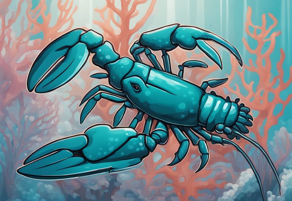 Modern digital painting of a vibrant blue Alleni Lobster in a teal underwater habitat, featuring labeled key features and behaviors.