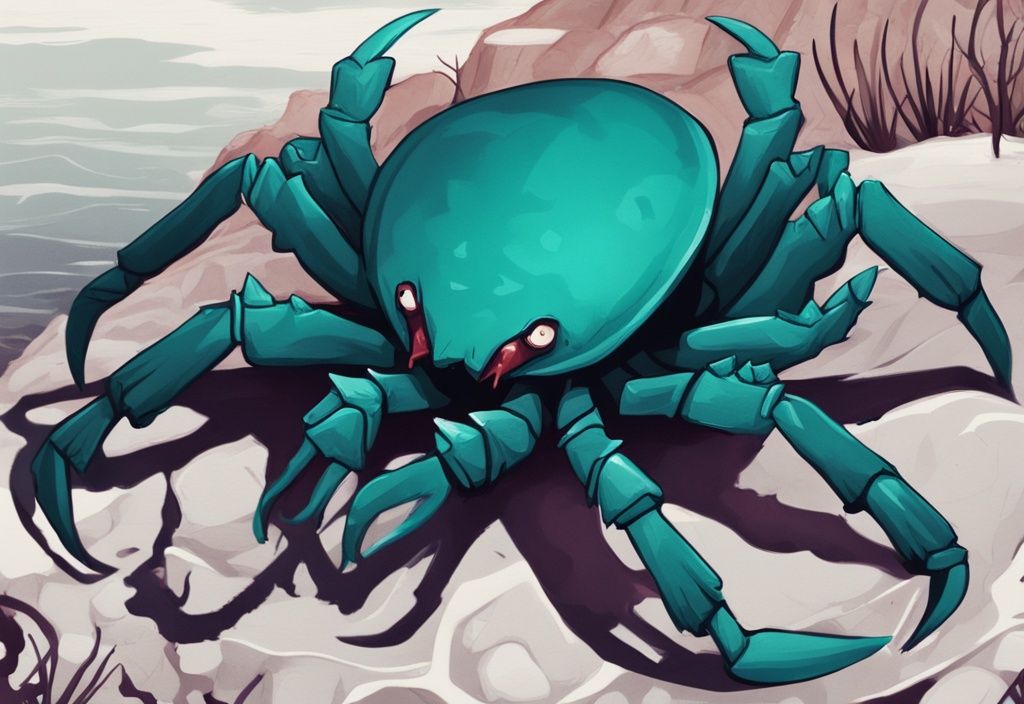 Vampire Crab in natural habitat with vibrant teal colors contrasting against dark rocky surroundings.