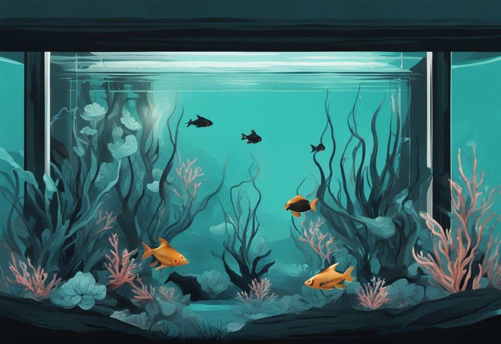 Modern digital painting of a Black Water Aquarium with exotic fish, dark aquatic plants, and driftwood in a teal-themed underwater scene.