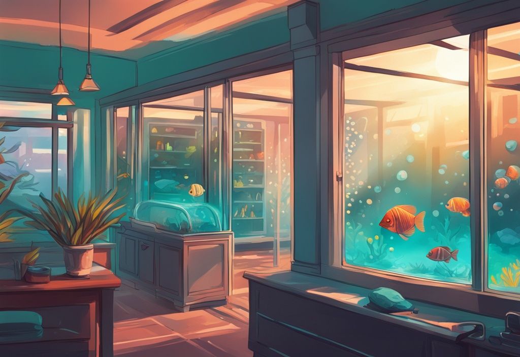 Modern digital painting of a teal-themed aquarium illuminated by sunrise, highlighting the ideal time to turn on aquarium lights.