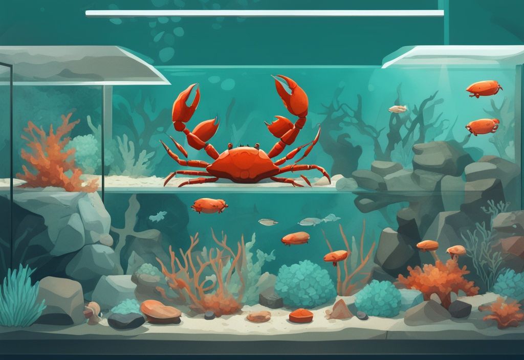 Modern digital painting of a teal-themed aquarium with crabs, rocks, marine plants, and a small shelter, showcasing an ideal crab tank setup.