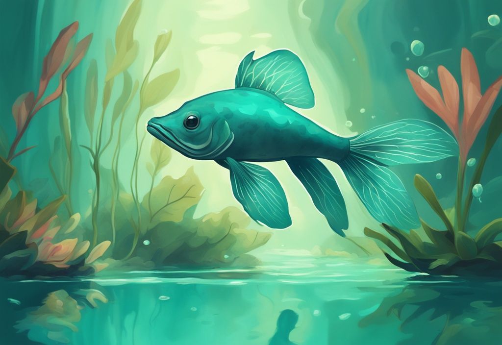 Royal Farlowella swimming in a teal-themed digital painting aquarium with aquatic plants.