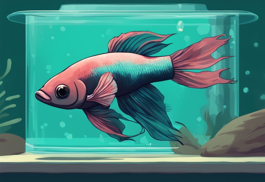 Modern digital painting of lethargic Betta fish in teal-themed tank showing pre-death signs.