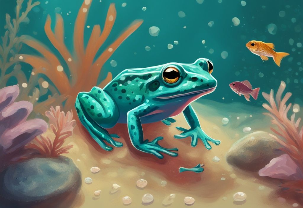 Modern digital painting of an African Dwarf Frog underwater, eating invertebrates and fish flakes, teal color theme