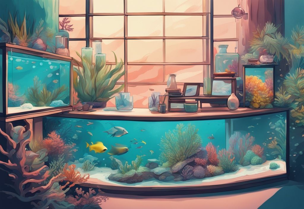 Modern digital painting of a beginner hobbyist adding saltwater to a vibrant aquarium, featuring colorful marine life; Saltwater Aquarium Tips for Beginners.