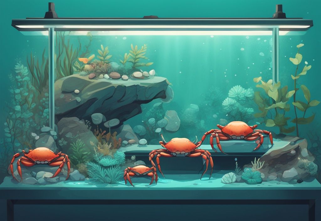 Modern digital painting of a Crab Tank Setup featuring teal colors, various crabs, rocks, plants, and a small water area.