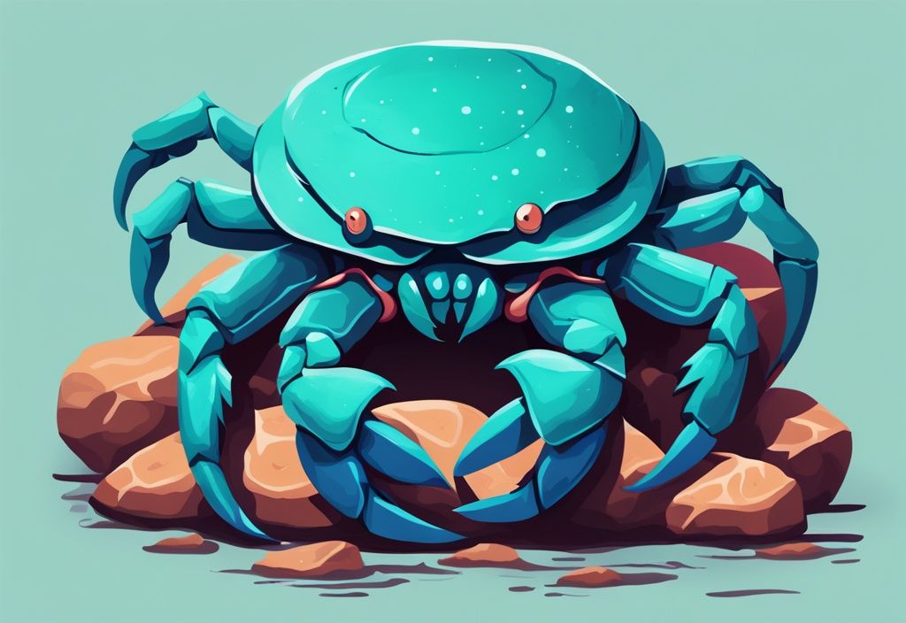 Modern digital painting of a vibrant Thai Devil Crab on smooth rocks with a teal color theme and tropical background.