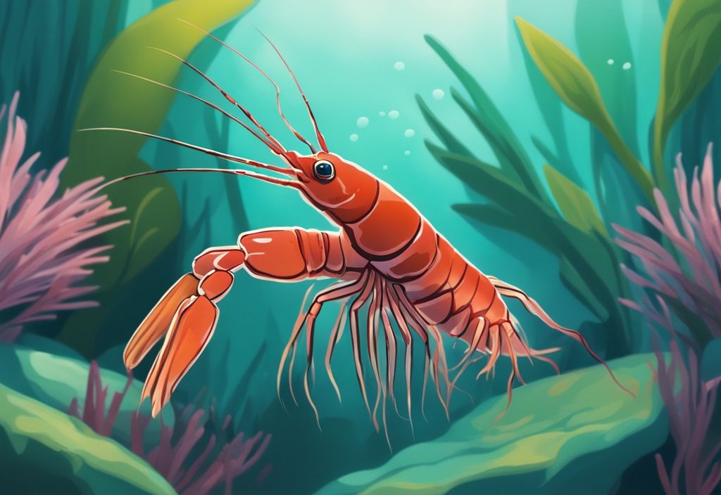 Close-up of Malawa Shrimp swimming in a clear freshwater aquarium with vibrant aquatic plants, modern digital painting in teal color theme.