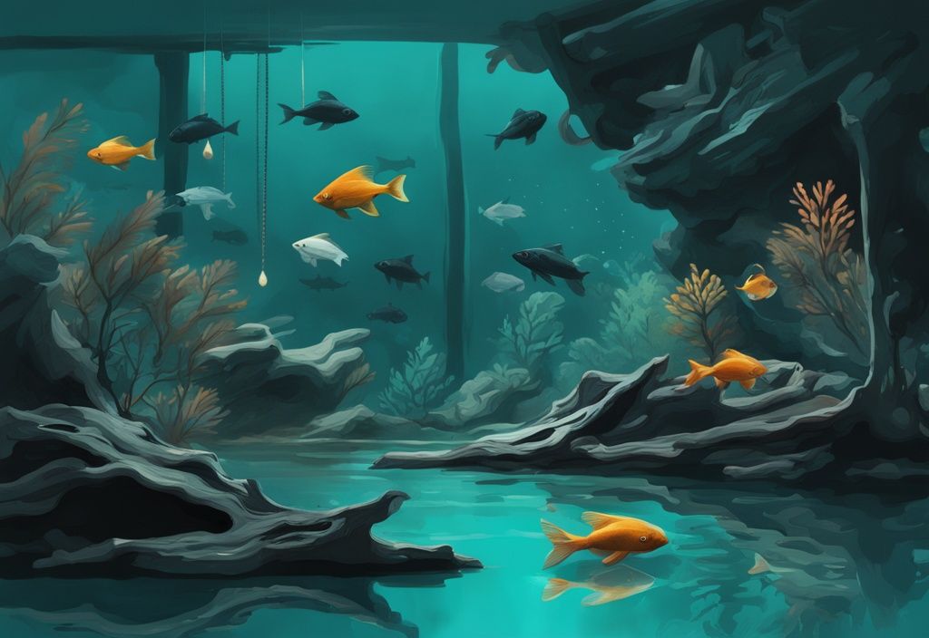 Modern digital painting of a teal-themed black water aquarium with exotic dark fish and illuminated driftwood.