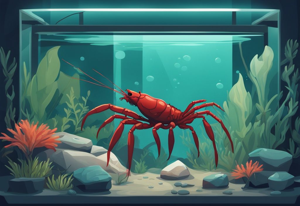 Modern digital painting of a teal-themed crayfish tank with aquatic plants, rocks, and a crayfish exploring its environment.