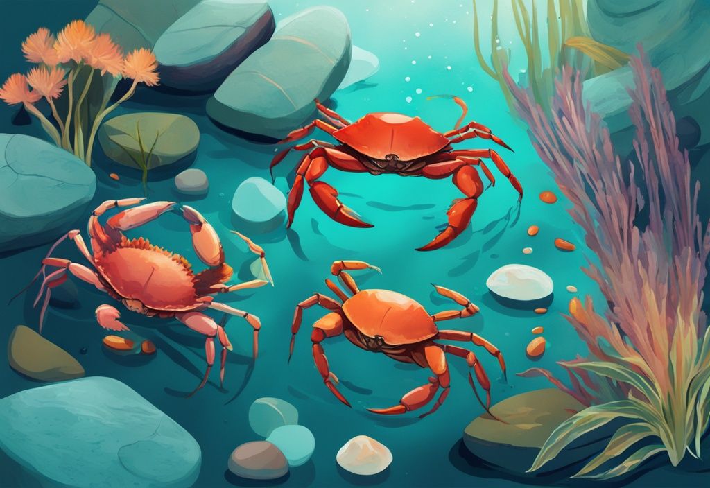 Underwater scene with vibrant teal hues depicting freshwater crabs interacting among aquatic plants and pebbles in a digital painting.