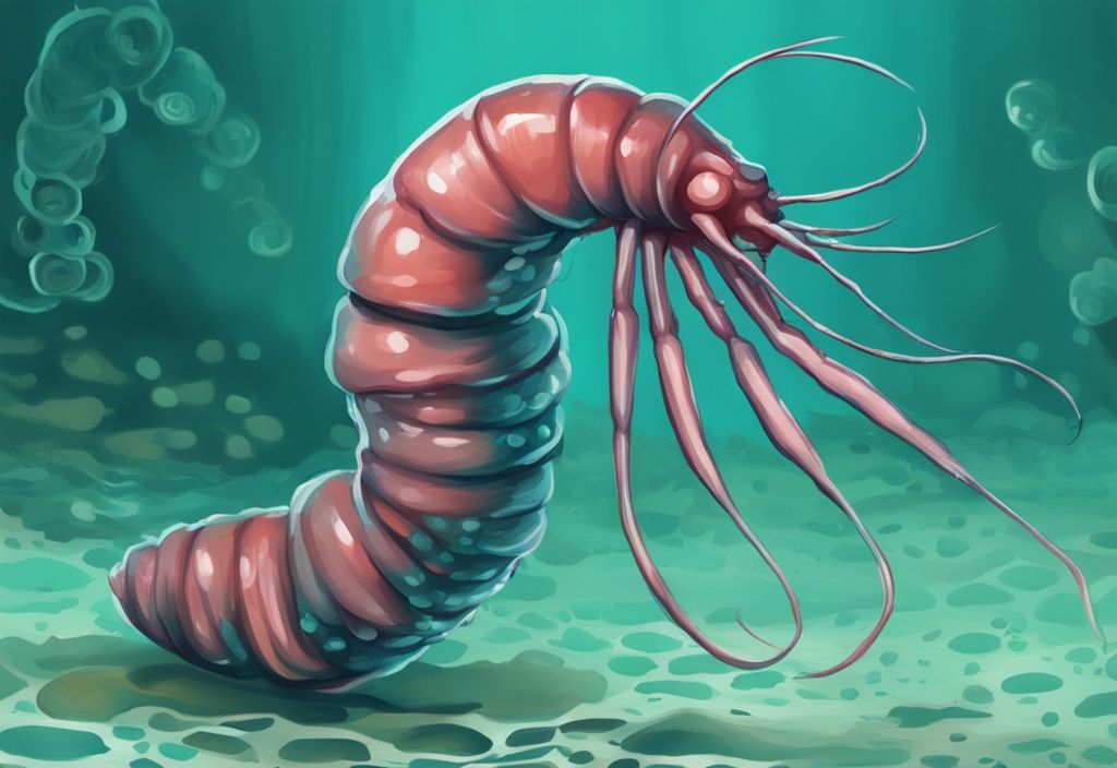 Close-up digital painting of Scutariella Japonica infesting a freshwater shrimp in a teal color theme.