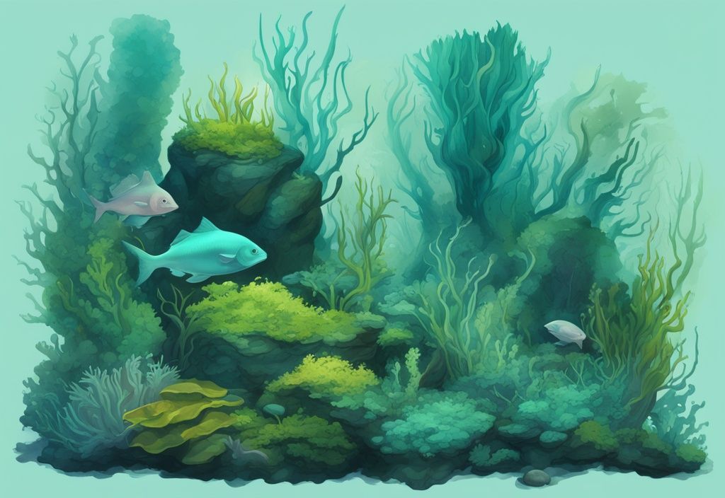 Modern digital painting of various types of aquarium moss in a teal-themed underwater environment.